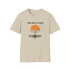 Comfort Colors "From Dock To Dawn" t-shirt in sand, featuring a fishing rod, sun, and "REEL FSHN" graphic.