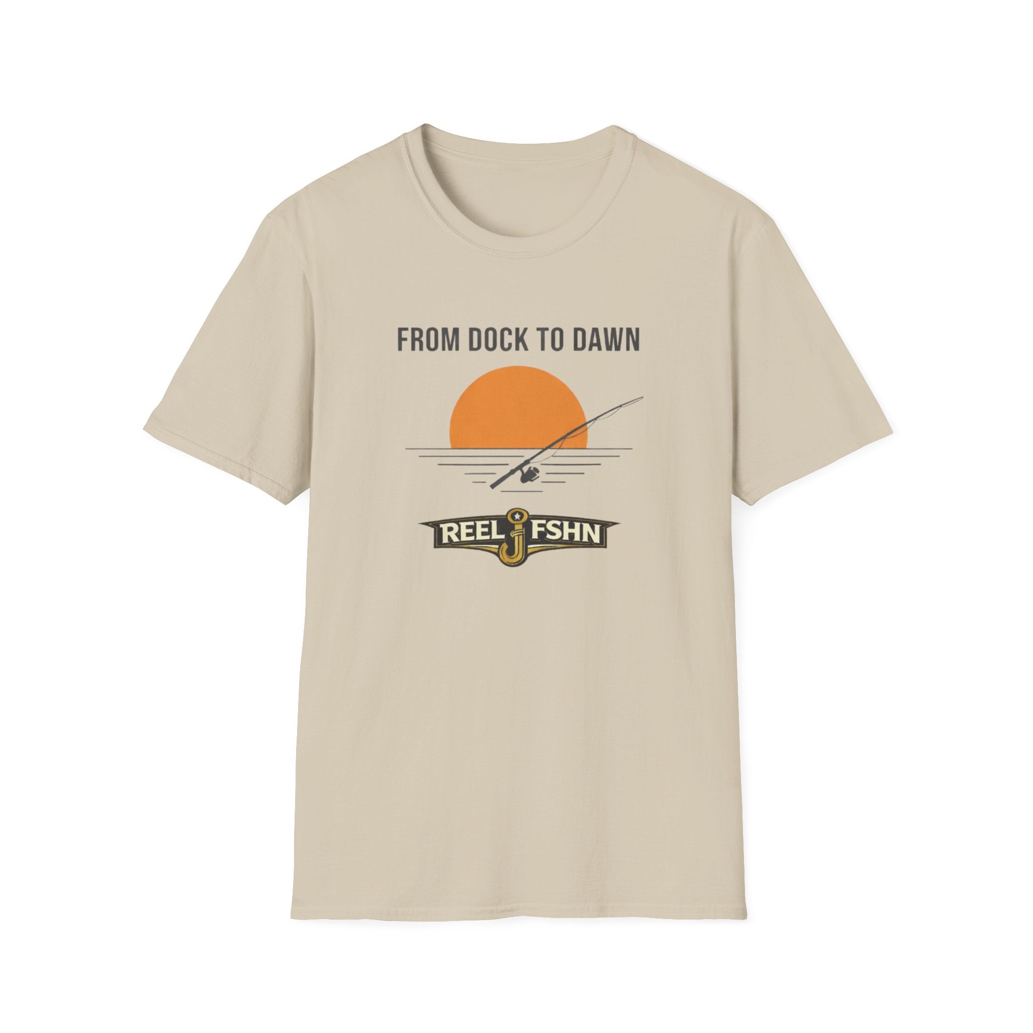 Comfort Colors "From Dock To Dawn" t-shirt in sand, featuring a fishing rod, sun, and "REEL FSHN" graphic.