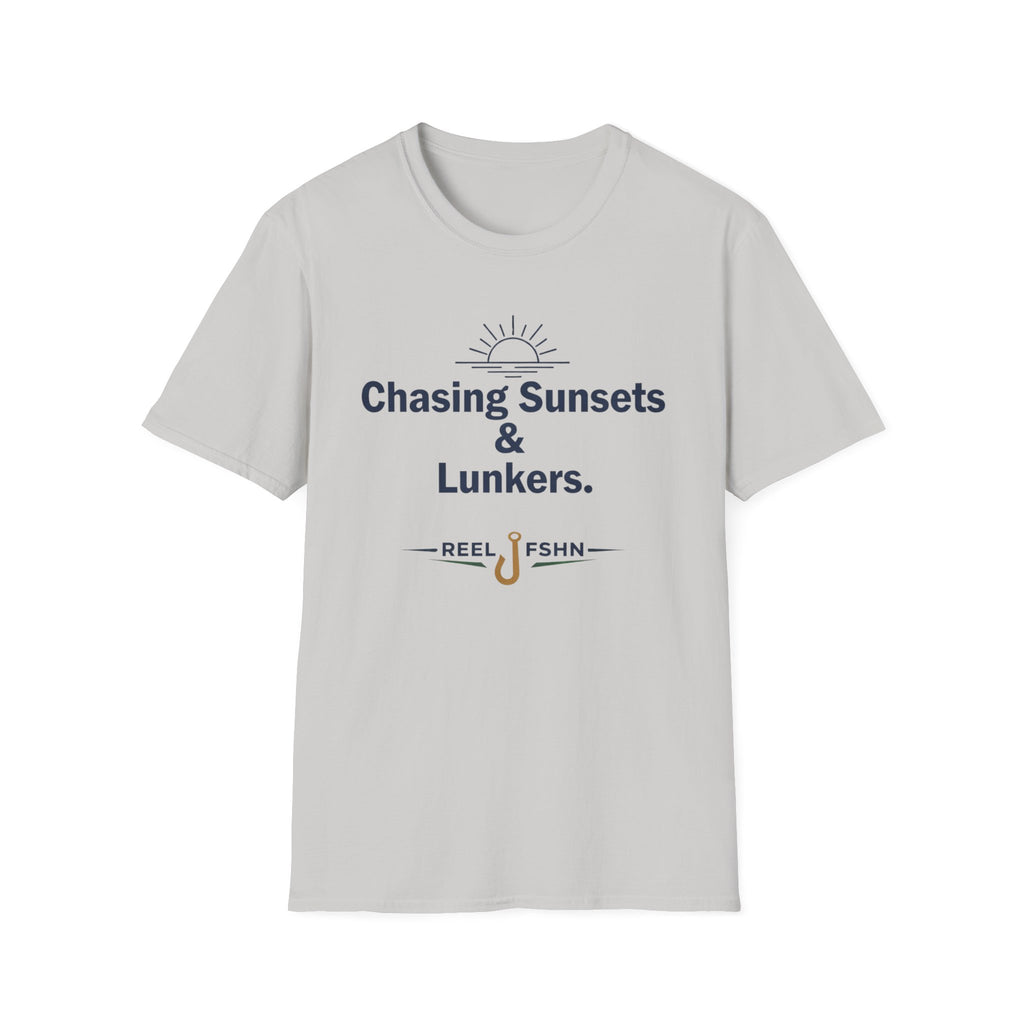 Light gray Comfort Colors unisex tee with "Chasing Sunsets & Lunkers" and a fishing hook graphic.