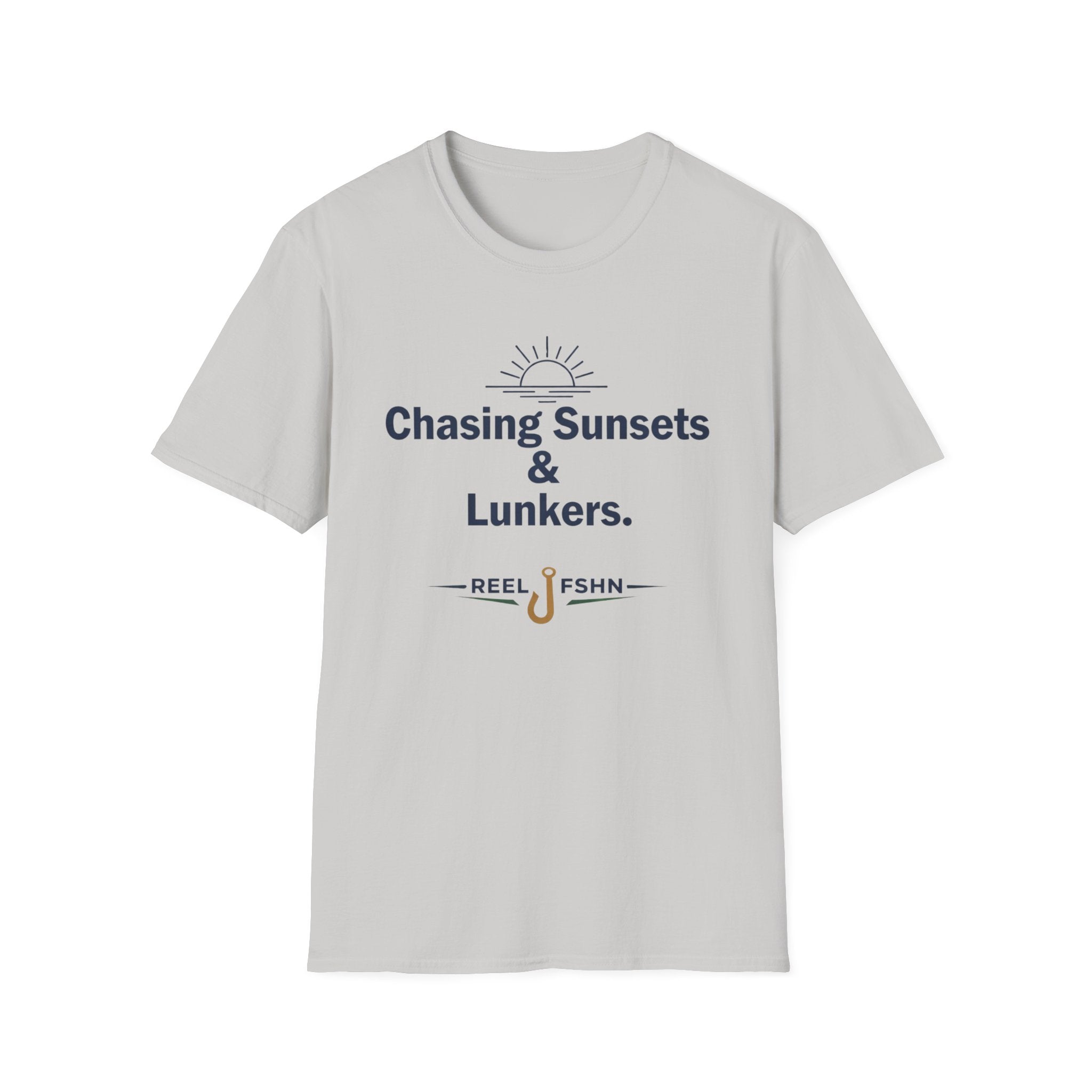 Light gray Comfort Colors unisex tee with "Chasing Sunsets & Lunkers" and a fishing hook graphic.