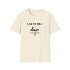 Unisex Comfort Colors cream t-shirt with "Live To Fish" graphic featuring a fisherman in a boat and a hook.