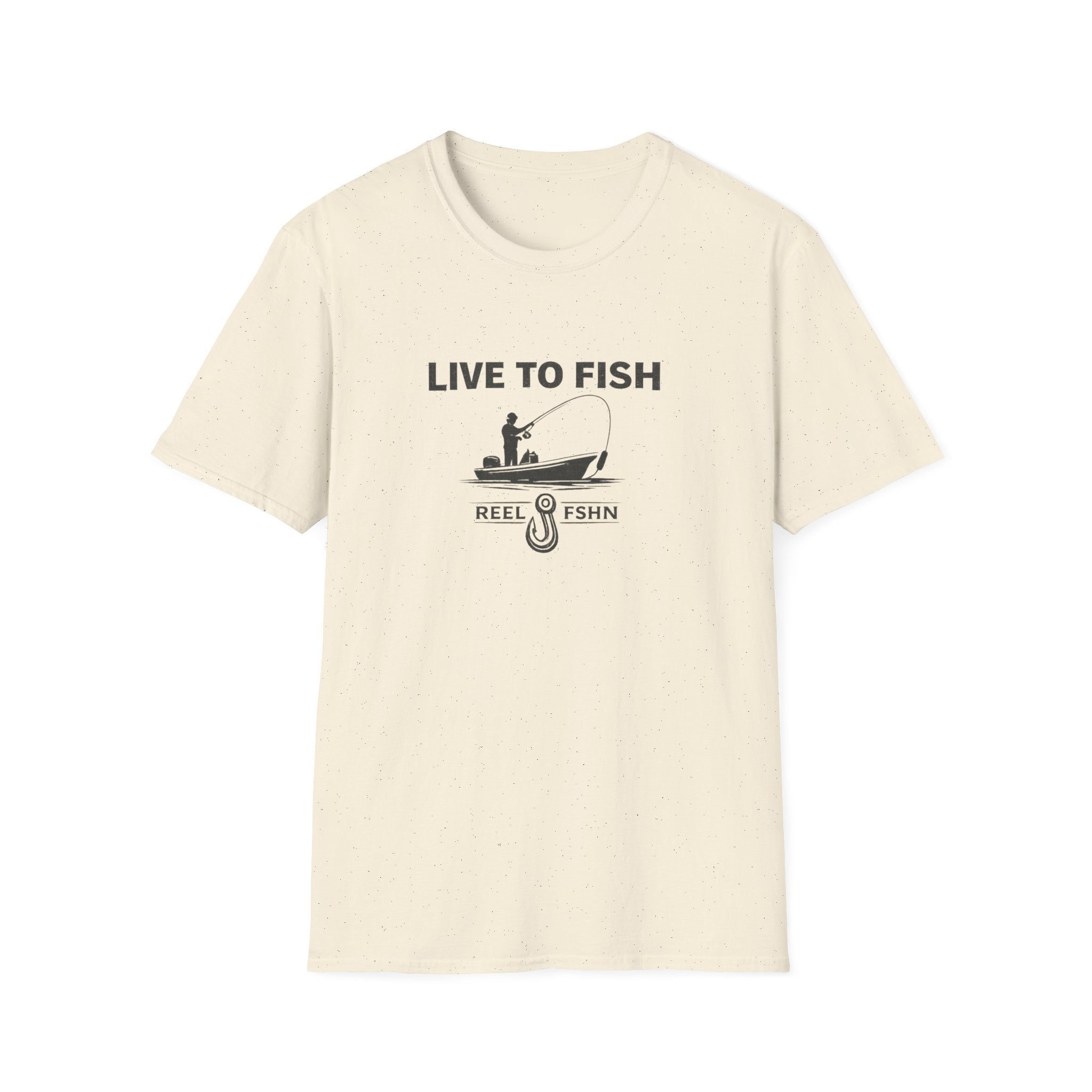 Unisex Comfort Colors cream t-shirt with "Live To Fish" graphic featuring a fisherman in a boat and a hook.