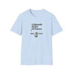 Light blue Comfort Colors t-shirt with "Legends Start At Dawn." text and a fishing hook graphic.