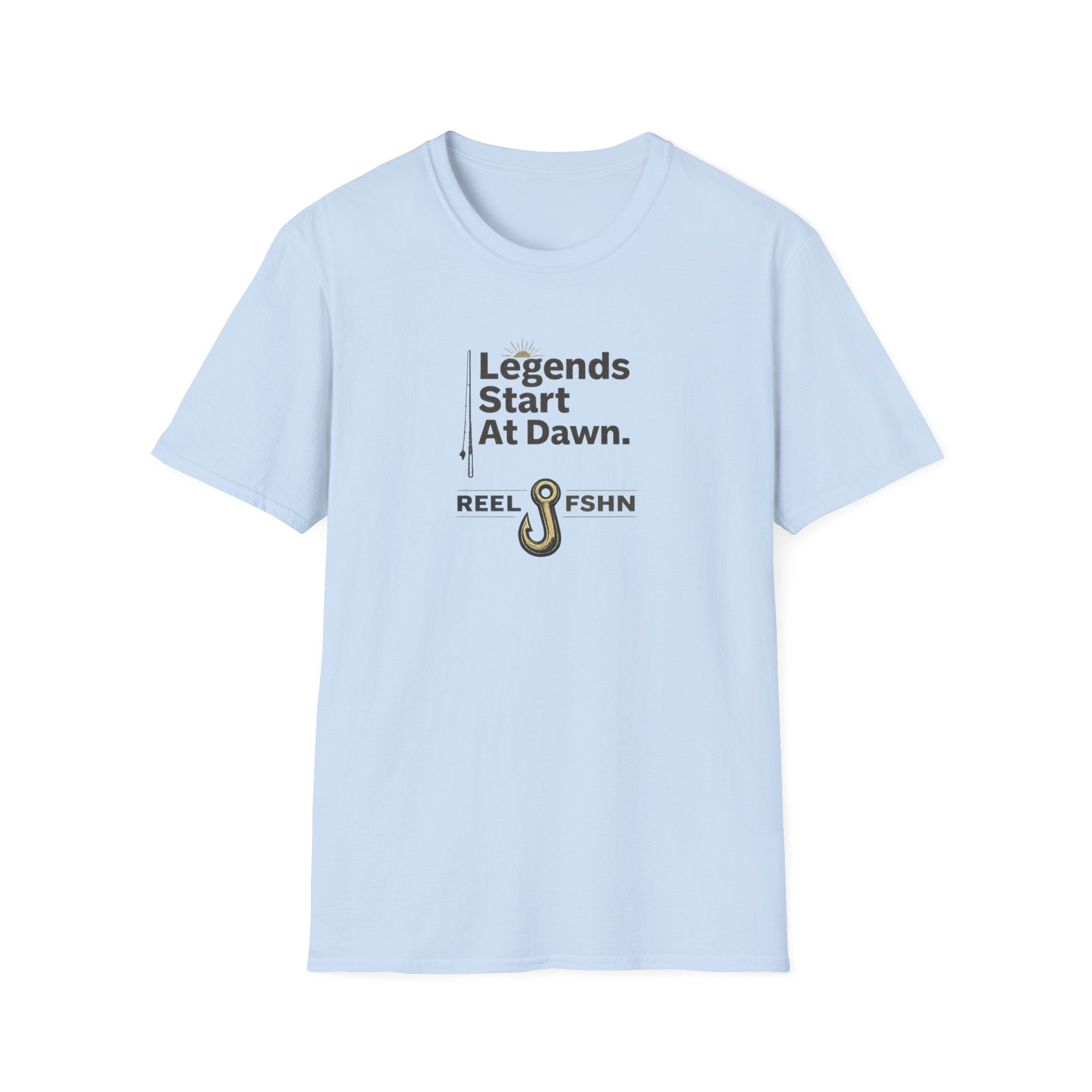 Light blue Comfort Colors t-shirt with "Legends Start At Dawn." text and a fishing hook graphic.