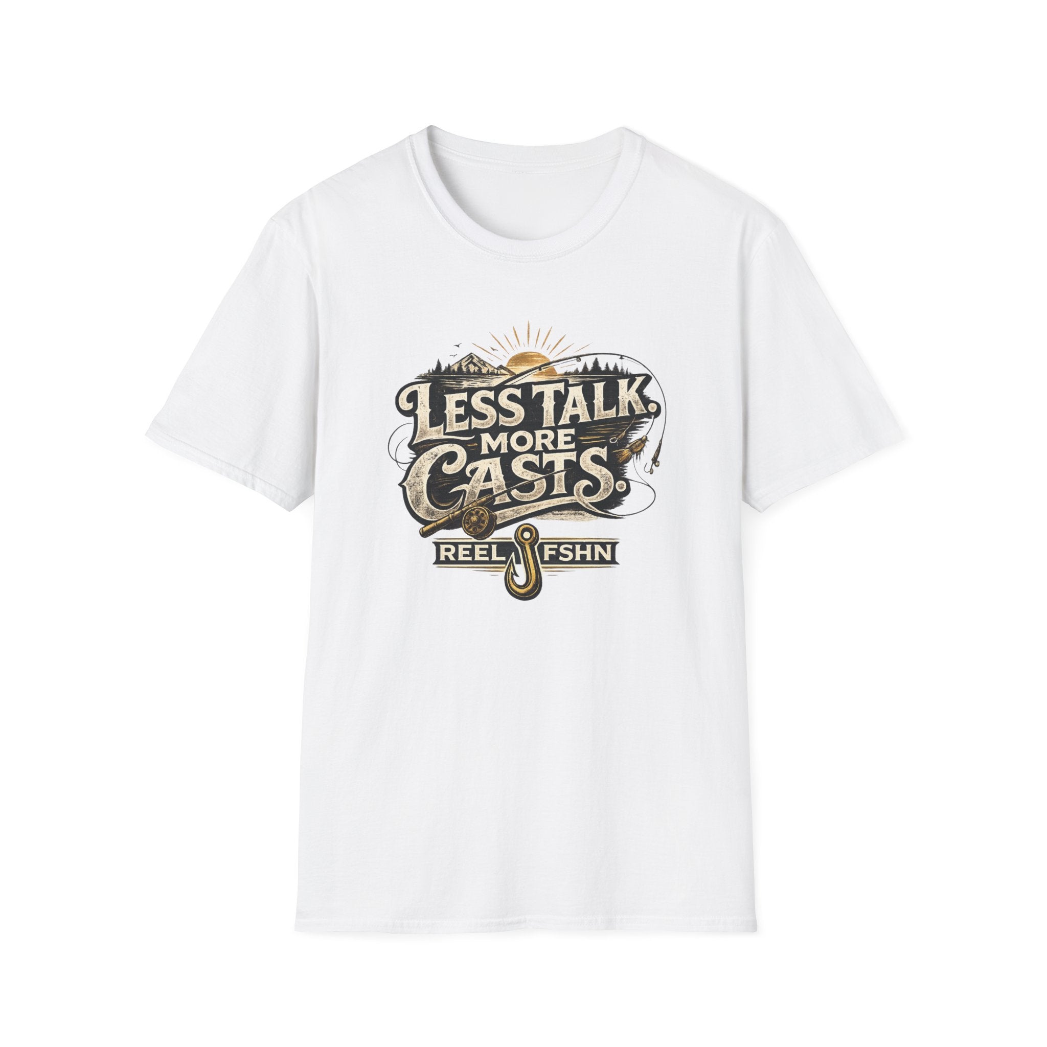White Comfort Colors unisex t-shirt with "Less Talk More Casts" fishing graphic.