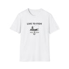 White Comfort Colors unisex t-shirt with "LIVE TO FISH" text, a fishing boat graphic, and "REEL FSHN" with a hook.