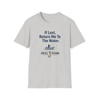 Light gray Comfort Colors unisex t-shirt with "If Lost, Return Me To The Water" text, a fishing boat graphic, and "REEL FSHN" with a fishing hook.