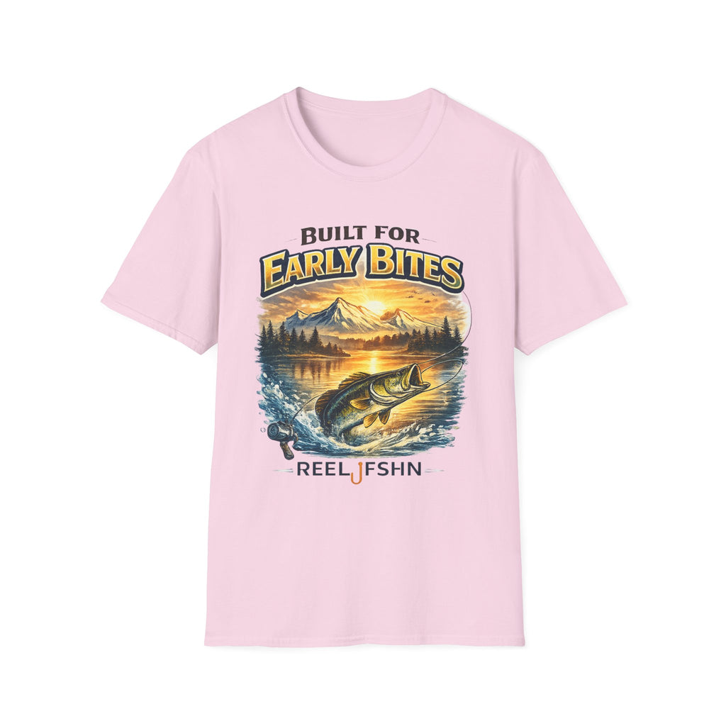 Pink Comfort Colors unisex t-shirt with "Built for Early Bites" graphic featuring a jumping bass, mountains, and sunset.