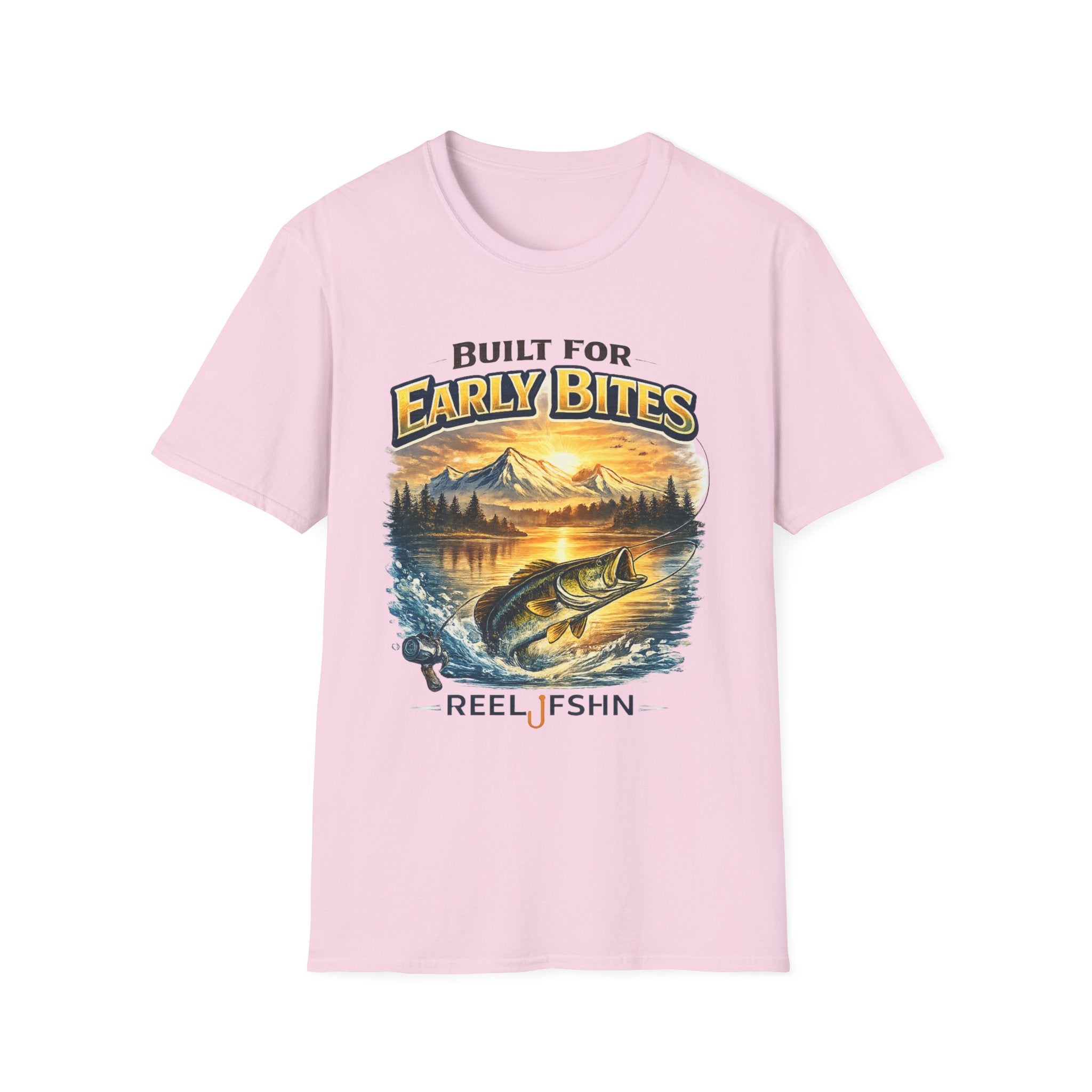 Pink Comfort Colors unisex t-shirt with "Built for Early Bites" graphic featuring a jumping bass, mountains, and sunset.