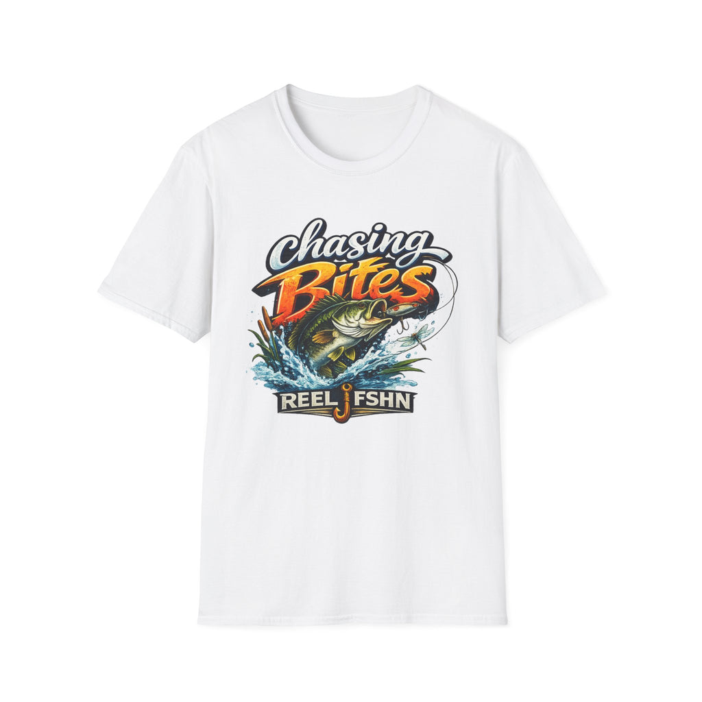 White Comfort Colors unisex t-shirt with "Chasing Bites" graphic featuring a bass jumping from water and "REEL FSHN".