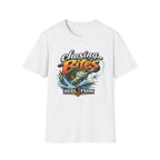 White Comfort Colors unisex t-shirt with "Chasing Bites" graphic featuring a bass jumping from water and "REEL FSHN".