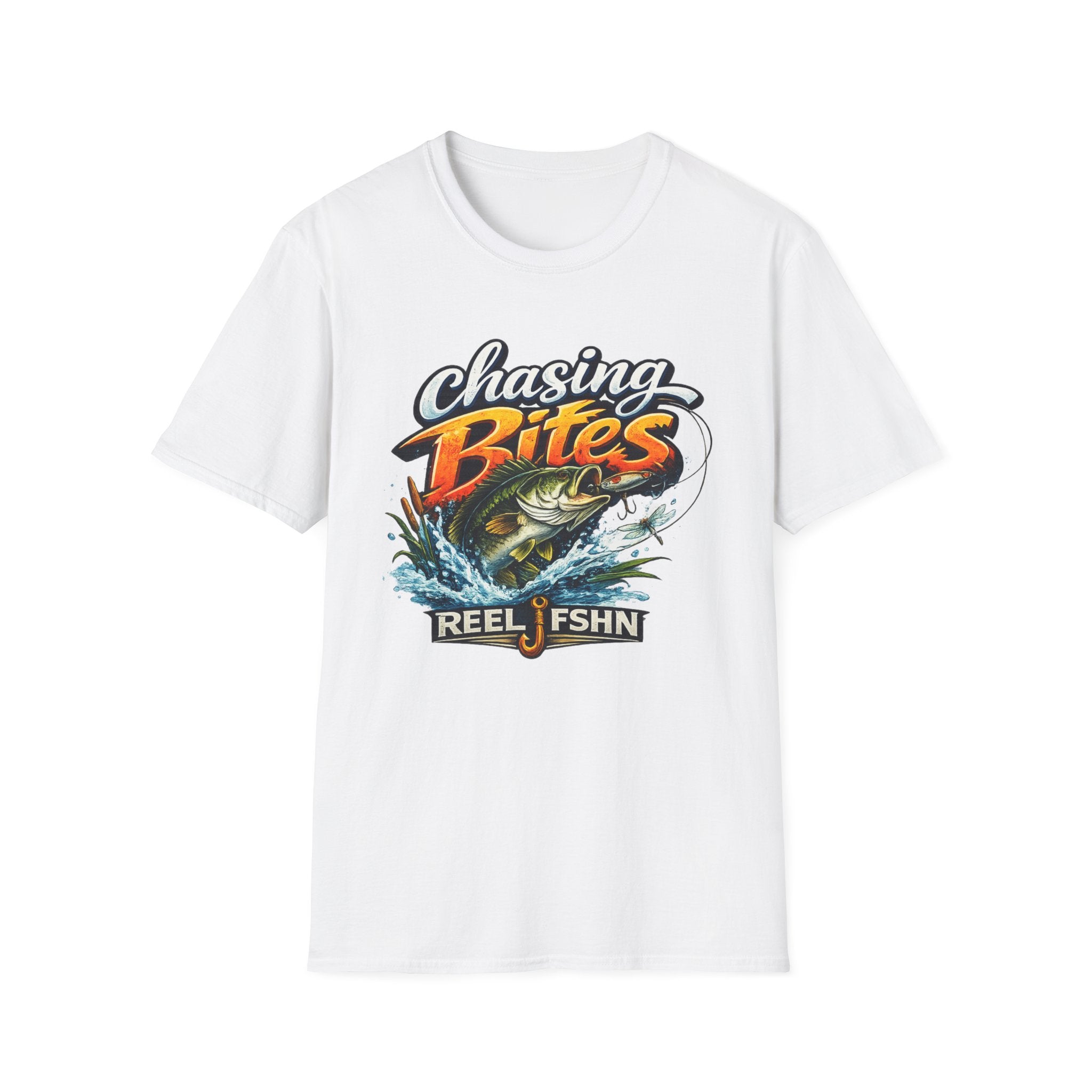 White Comfort Colors unisex t-shirt with "Chasing Bites" graphic featuring a bass jumping from water and "REEL FSHN".