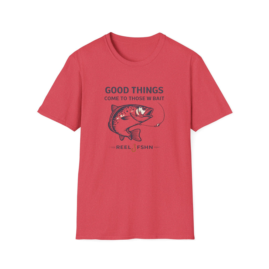 Red Comfort Colors cotton t-shirt with a fishing graphic and "Good Things Come To Those W Bait" text.