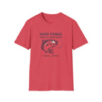 Red Comfort Colors cotton t-shirt with a fishing graphic and "Good Things Come To Those W Bait" text.