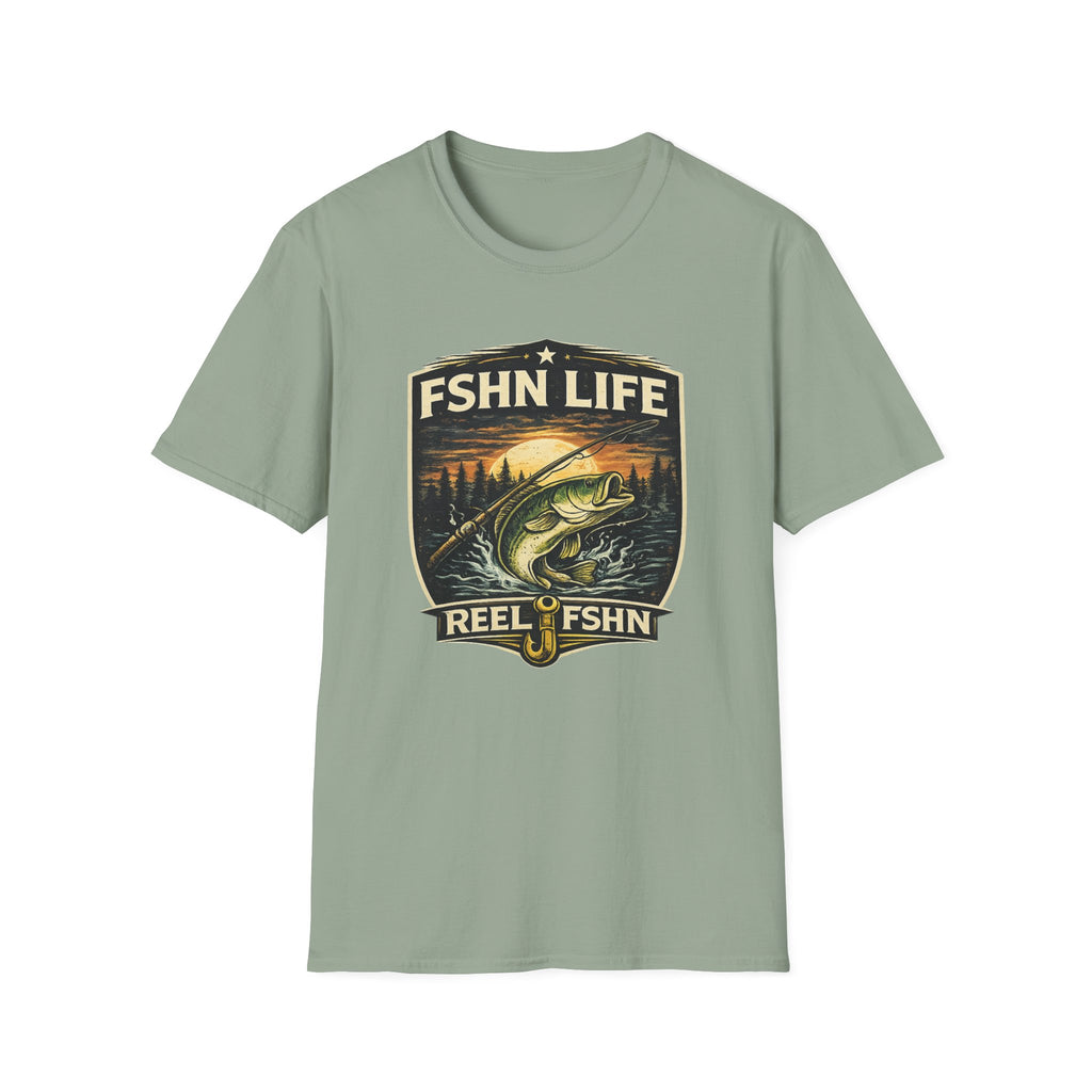 Unisex Comfort Colors sage green FSHN Life T-shirt with a bass fishing graphic.