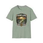 Unisex Comfort Colors sage green FSHN Life T-shirt with a bass fishing graphic.