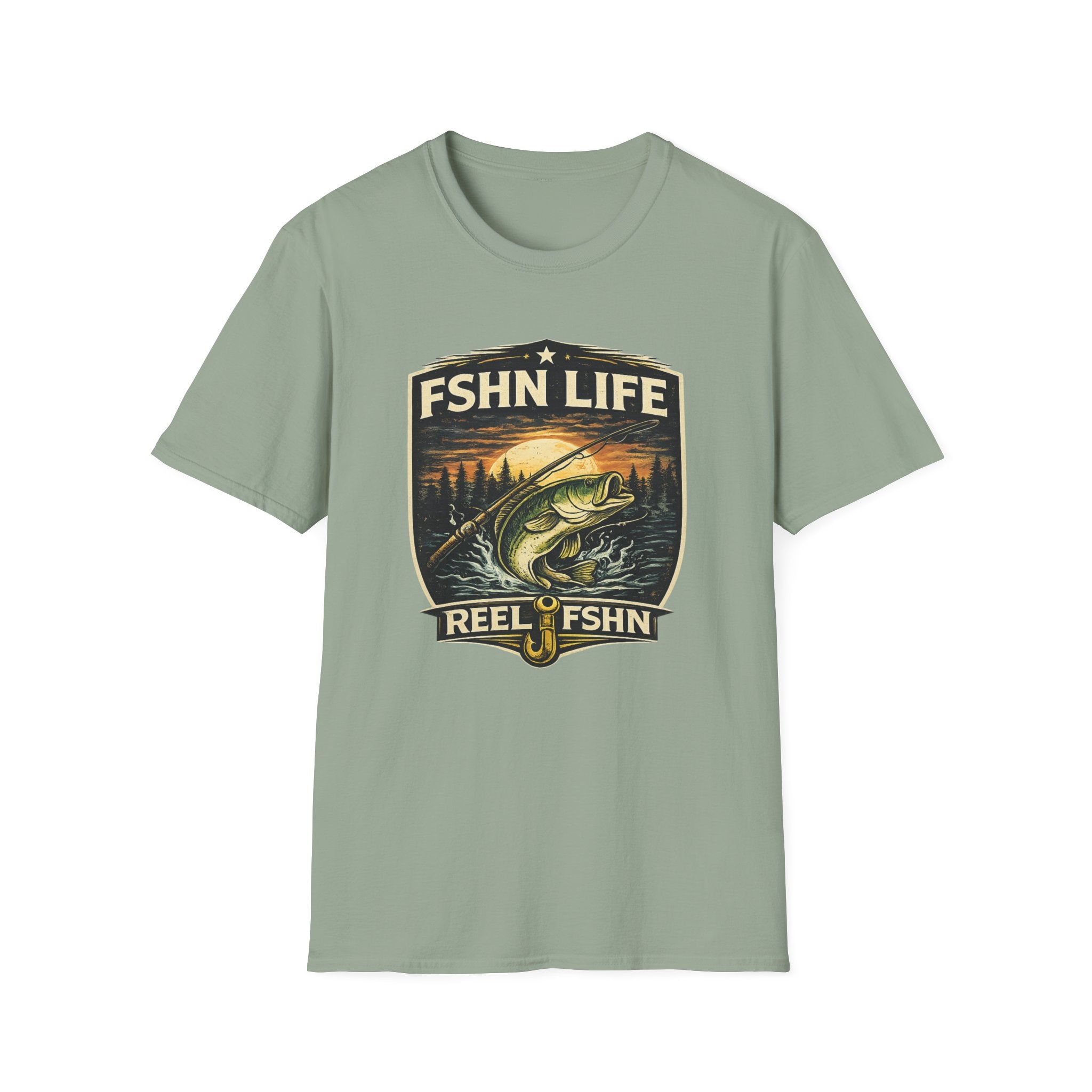 Unisex Comfort Colors sage green FSHN Life T-shirt with a bass fishing graphic.