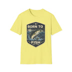 Unisex Comfort Colors yellow t-shirt with "Born to Fish" graphic featuring a jumping bass.