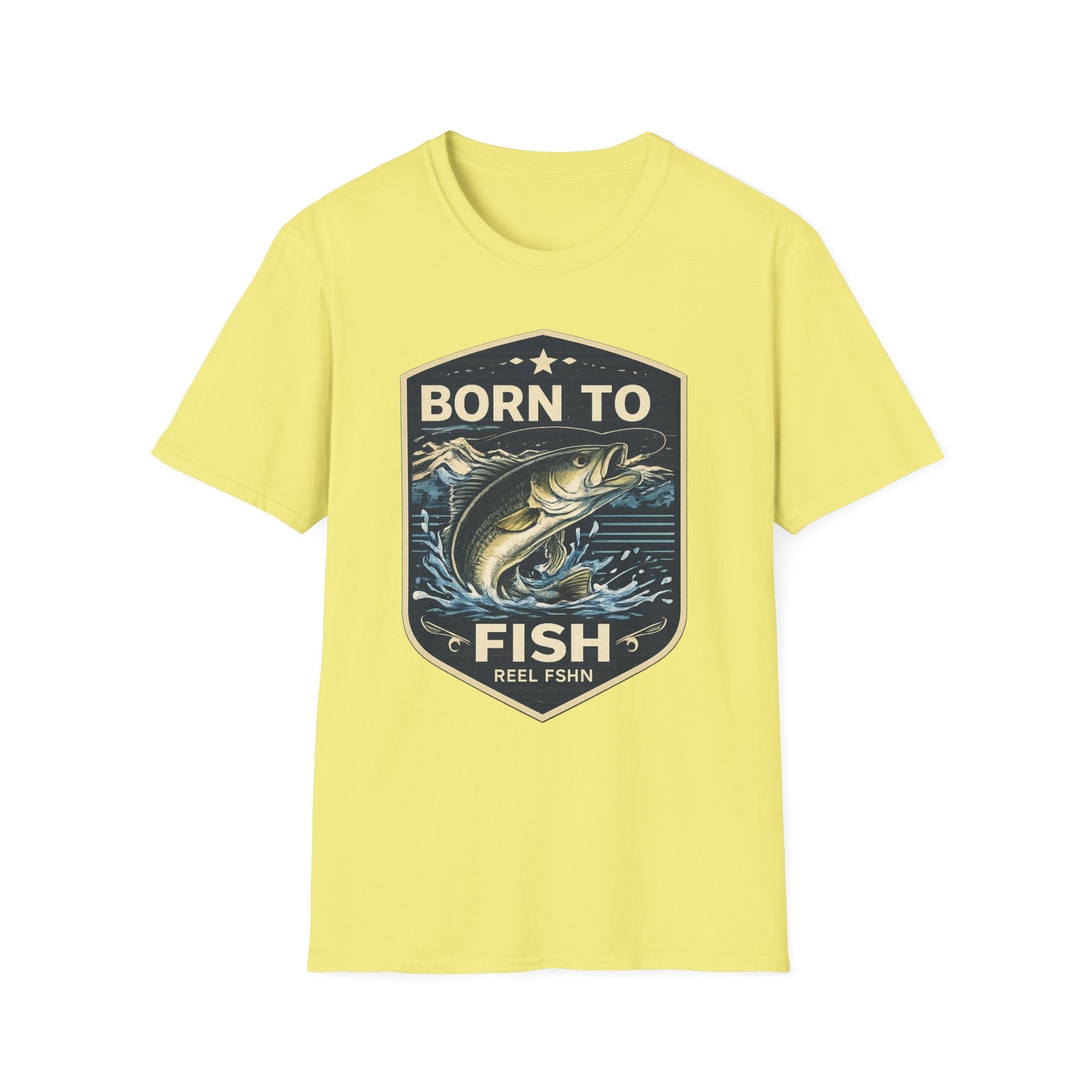Unisex Comfort Colors yellow t-shirt with "Born to Fish" graphic featuring a jumping bass.