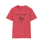 Red Comfort Colors "Live To Fish" t-shirt with a black graphic of a fisherman in a boat and a fishing hook.