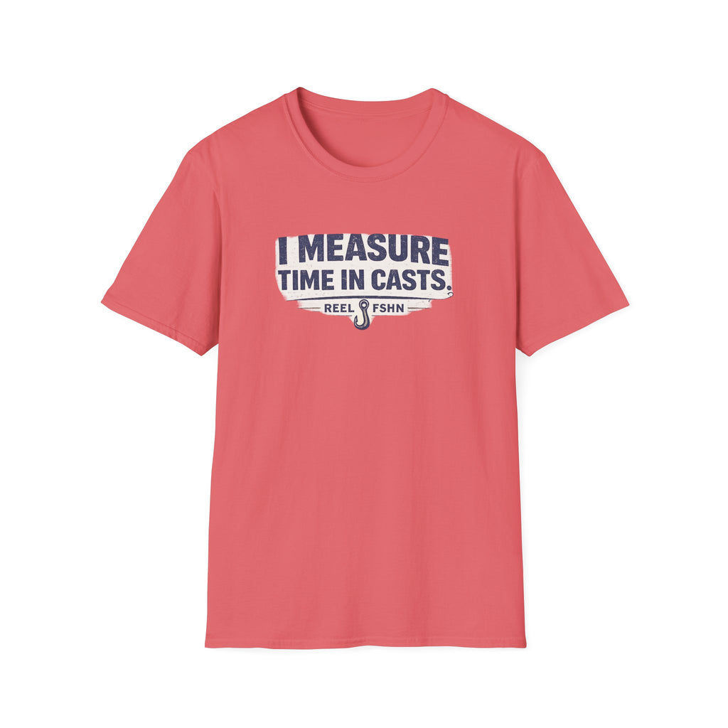 Coral Comfort Colors t-shirt with "I Measure Time In Casts" graphic and a fishing hook icon.