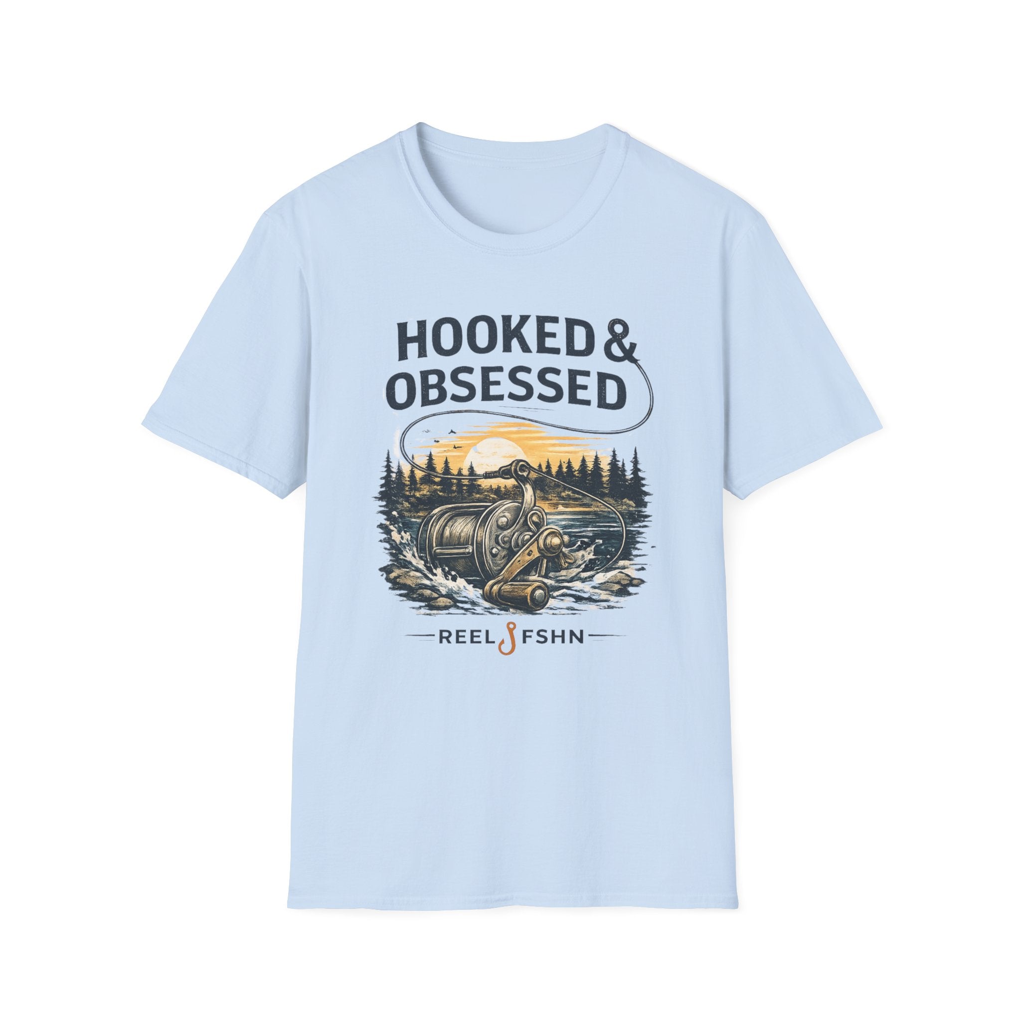 Light blue Comfort Colors unisex t-shirt with "HOOKED & OBSESSED" text and a fishing reel graphic.