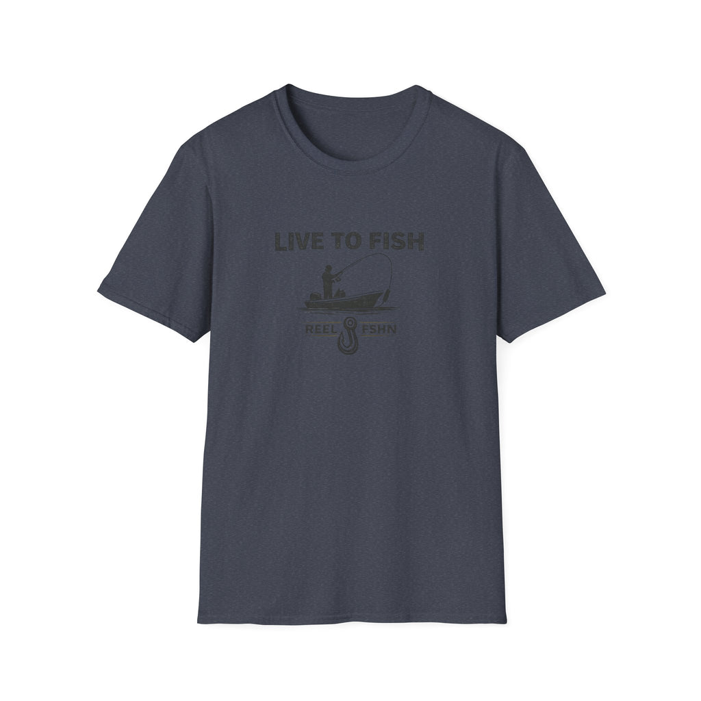 Comfort Colors navy blue unisex t-shirt with "Live To Fish" graphic, featuring a boat, angler, and fishing hook.