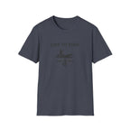 Comfort Colors navy blue unisex t-shirt with "Live To Fish" graphic, featuring a boat, angler, and fishing hook.