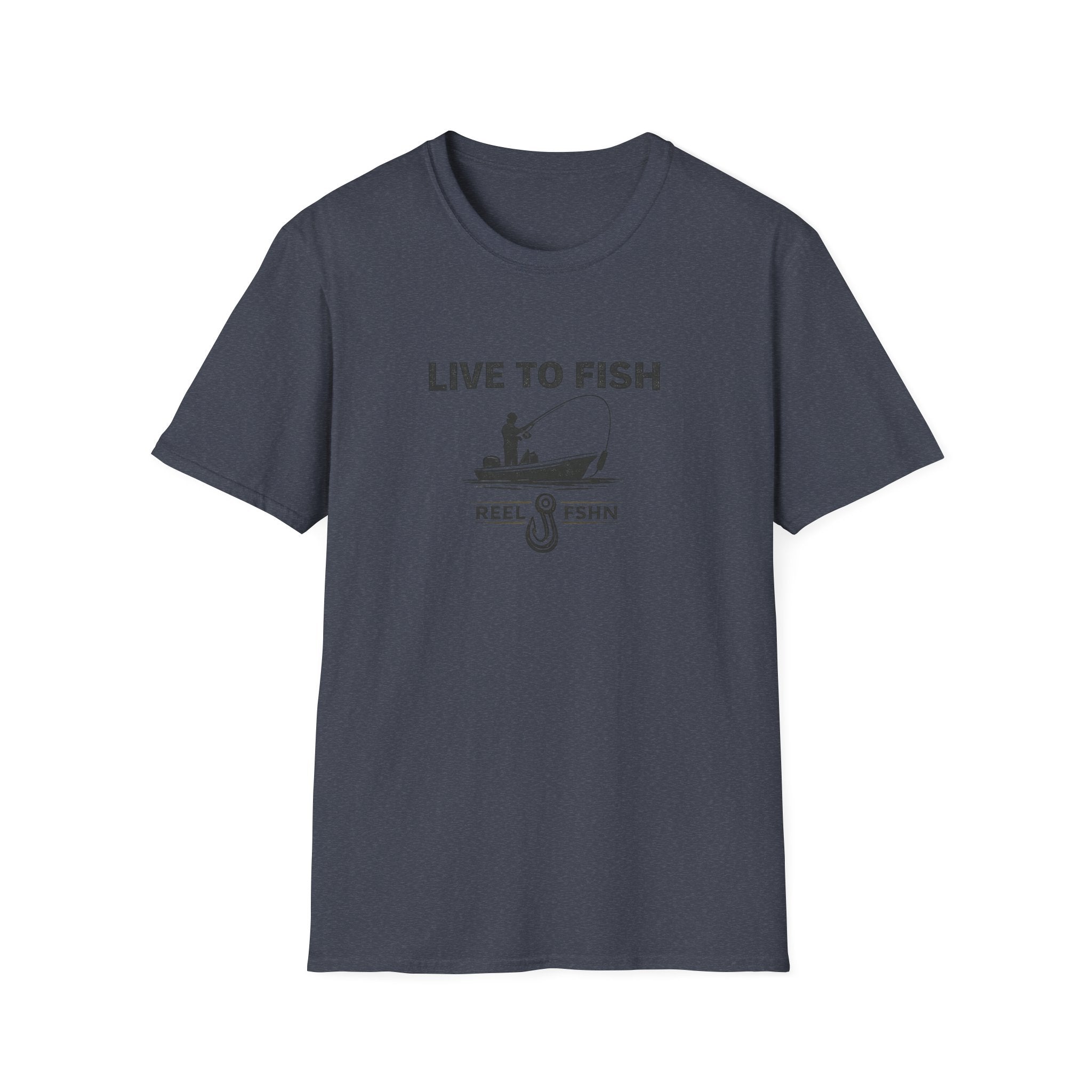 Comfort Colors navy blue unisex t-shirt with "Live To Fish" graphic, featuring a boat, angler, and fishing hook.