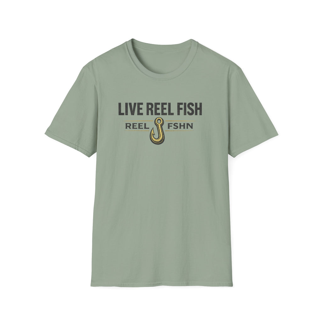 Sage green Comfort Colors t-shirt with "LIVE REEL FISH" and a fishing hook graphic.