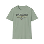 Sage green Comfort Colors t-shirt with "LIVE REEL FISH" and a fishing hook graphic.