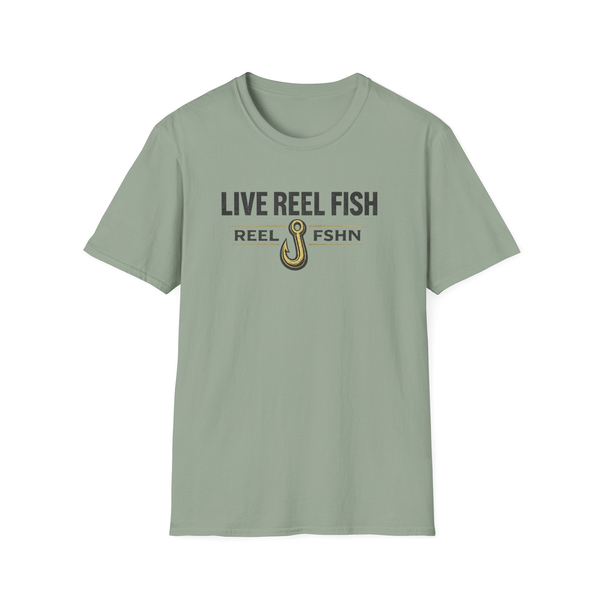 Sage green Comfort Colors t-shirt with "LIVE REEL FISH" and a fishing hook graphic.