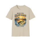 Tan Comfort Colors cotton tee with "Built for Early Bites" graphic featuring a bass jumping from water at sunrise.