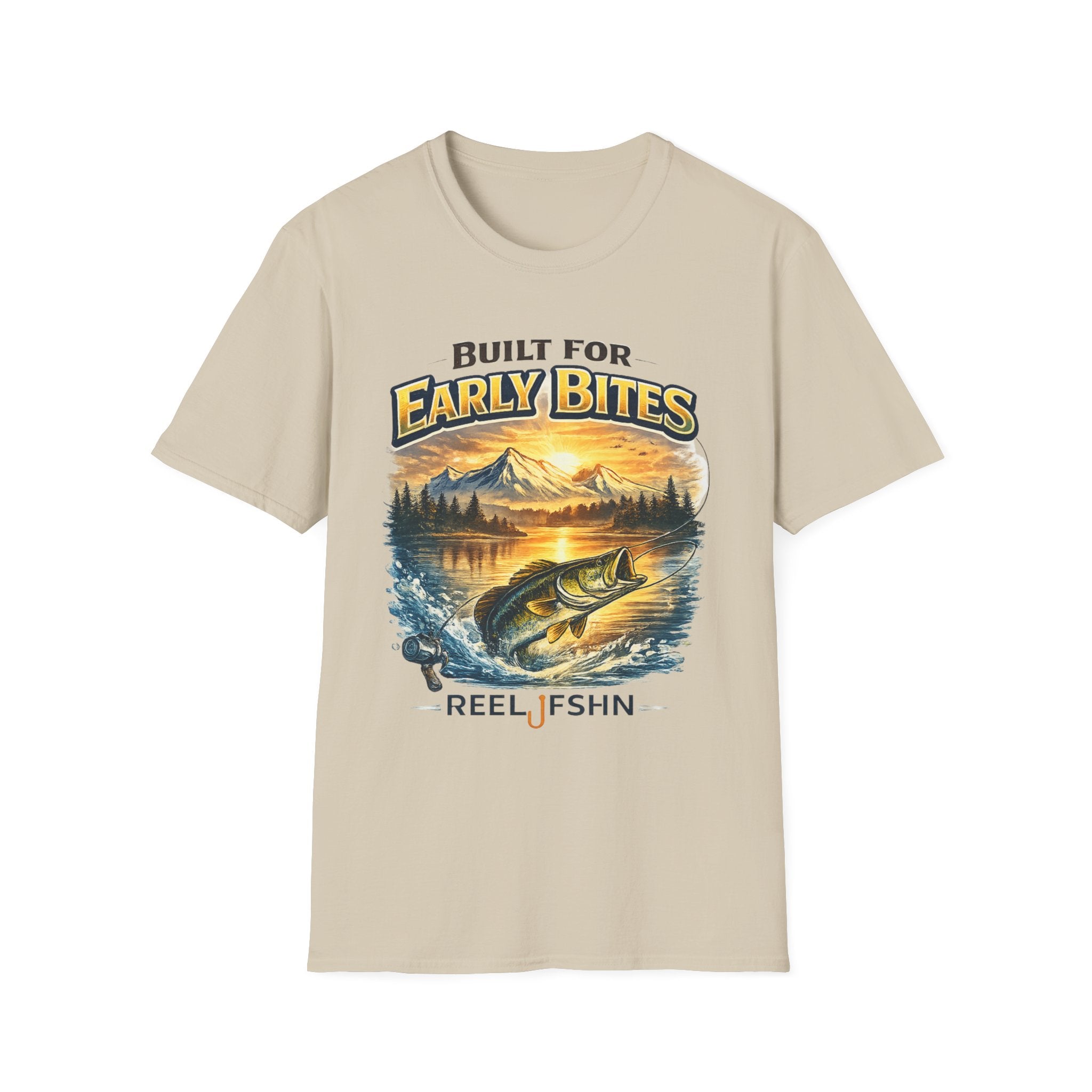 Tan Comfort Colors cotton tee with "Built for Early Bites" graphic featuring a bass jumping from water at sunrise.
