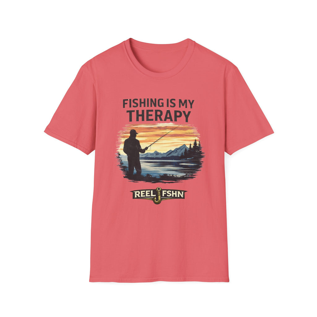 Coral Comfort Colors t-shirt with "Fishing Is My Therapy" text and a graphic of a fisherman at sunset.