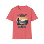 Coral Comfort Colors t-shirt with "Fishing Is My Therapy" text and a graphic of a fisherman at sunset.