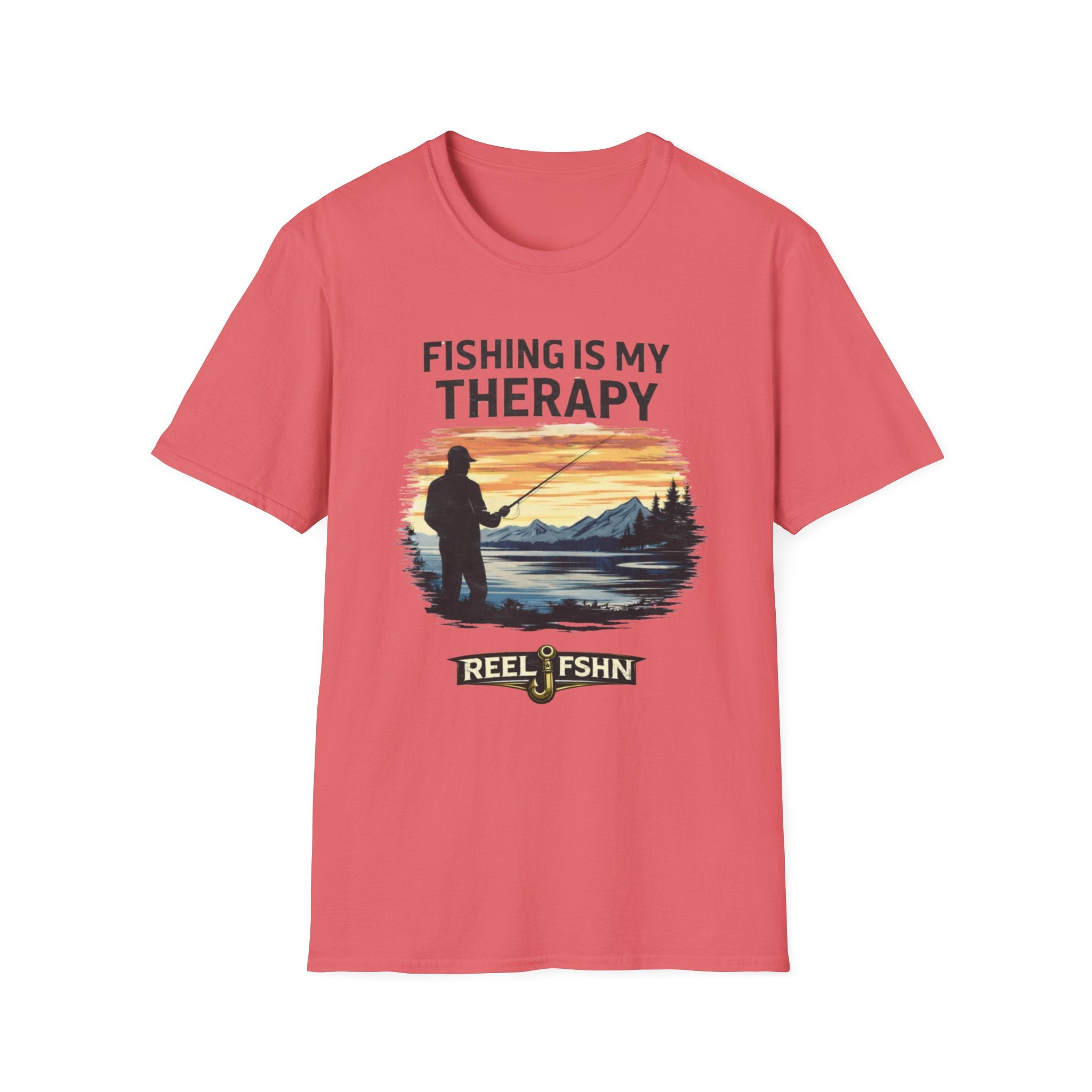 Coral Comfort Colors t-shirt with "Fishing Is My Therapy" text and a graphic of a fisherman at sunset.