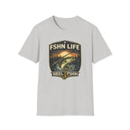 Light gray Comfort Colors FSHN Life T-shirt with a vintage-style bass fishing graphic and "REEL FSHN" text.