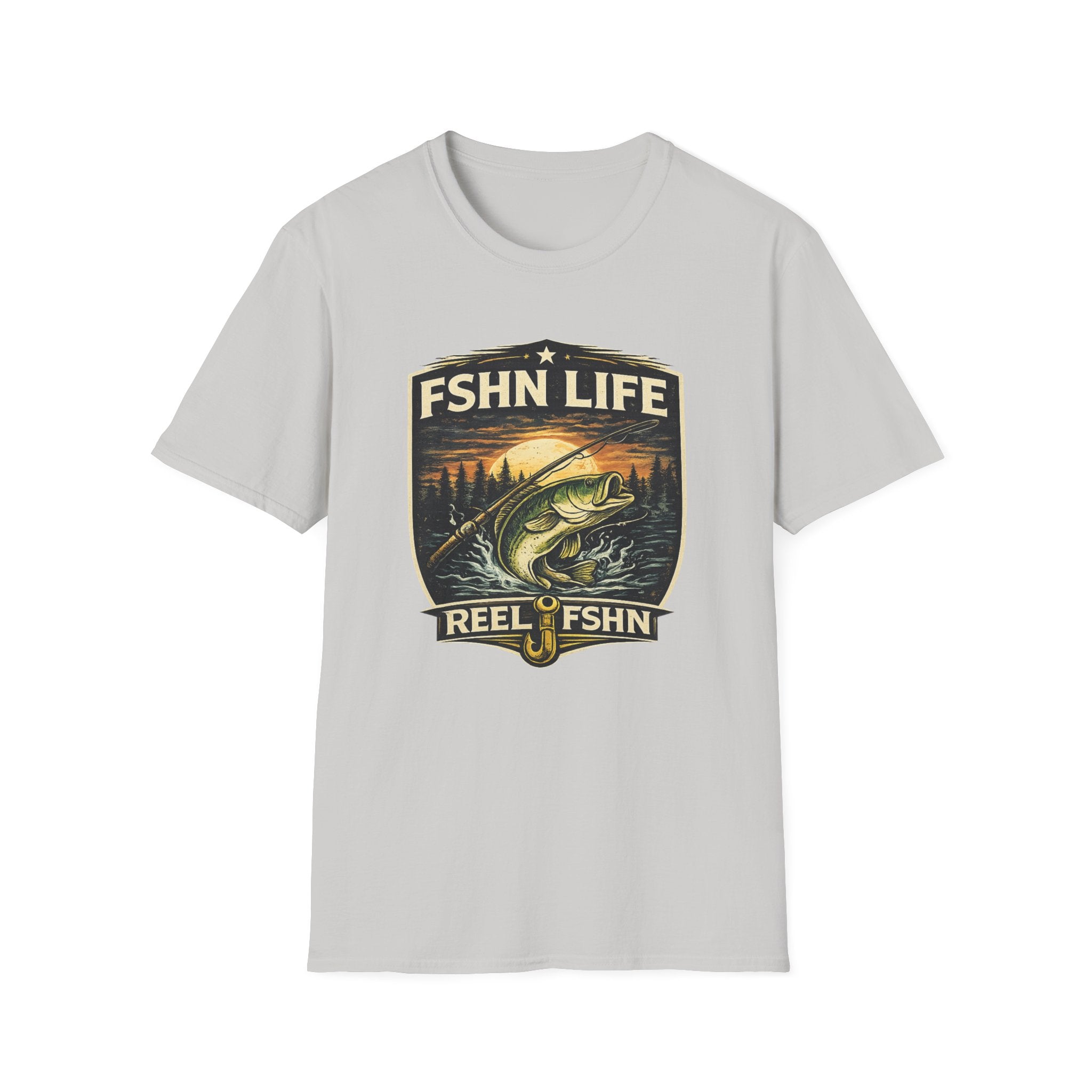 Light gray Comfort Colors FSHN Life T-shirt with a vintage-style bass fishing graphic and "REEL FSHN" text.