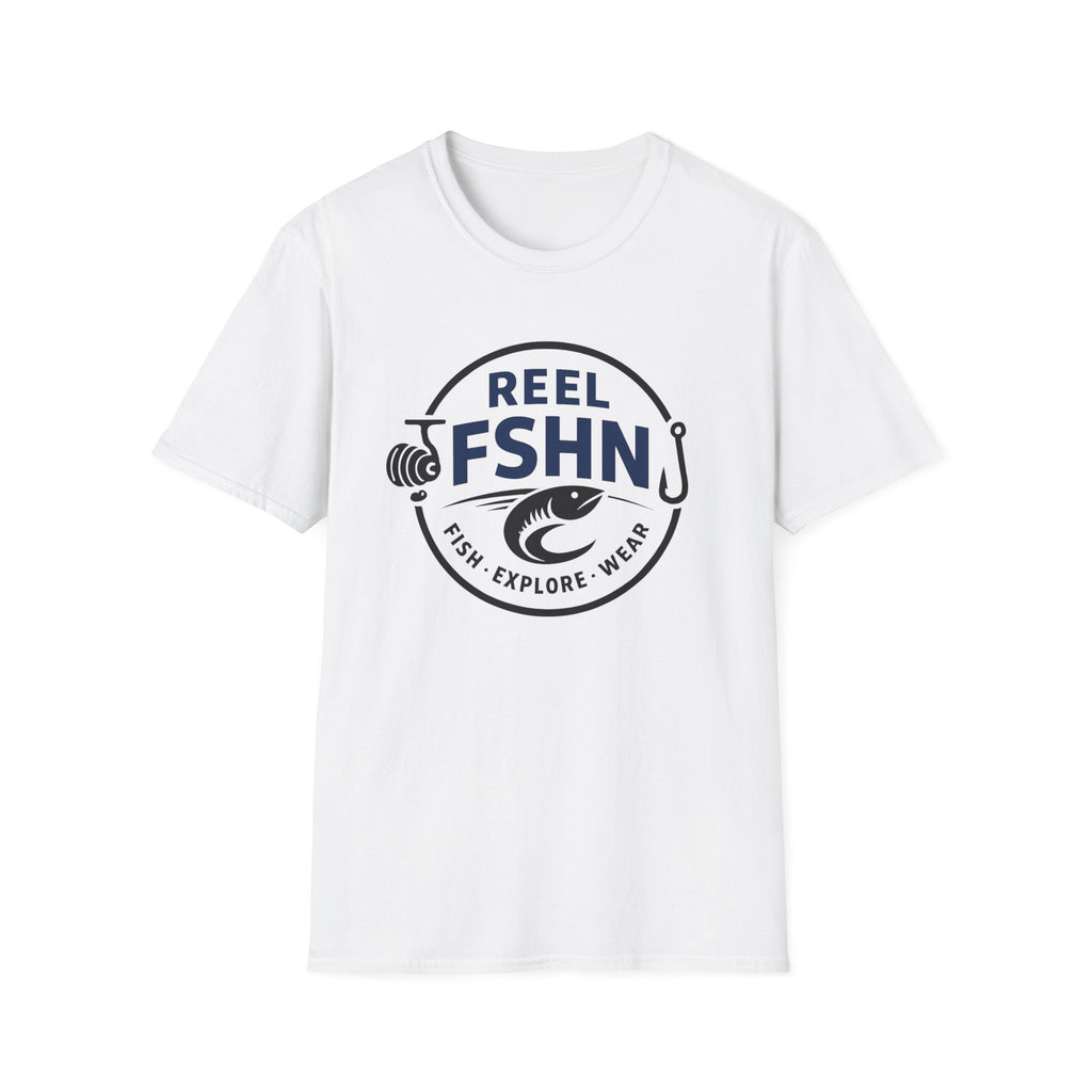 White Comfort Colors cotton t-shirt with a circular "Reel FSHN" fishing logo in navy and black.