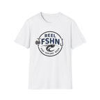 White Comfort Colors cotton t-shirt with a circular "Reel FSHN" fishing logo in navy and black.