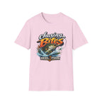 Pink Comfort Colors unisex tee with "Chasing Bites" text and a bass fishing design.