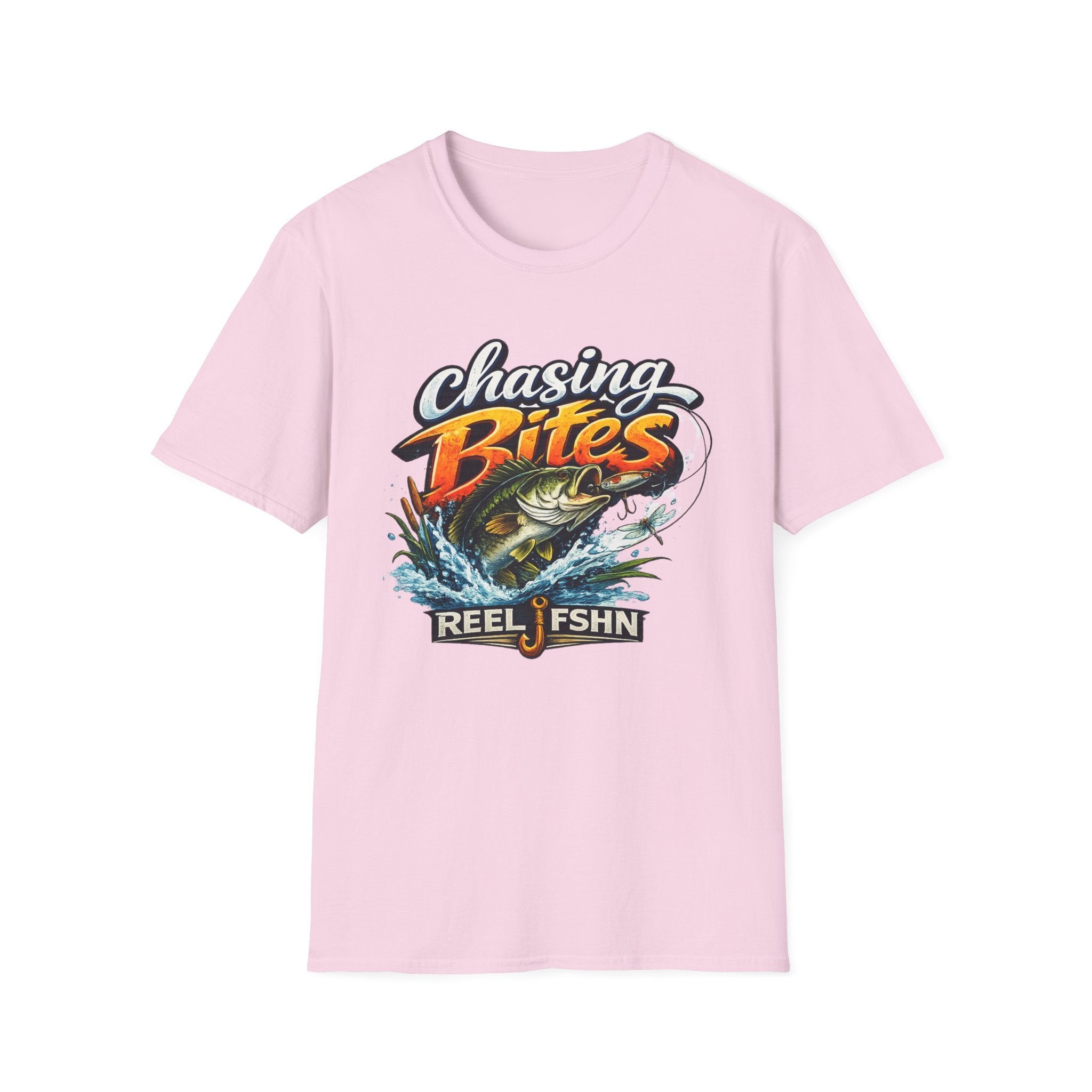 Pink Comfort Colors unisex tee with "Chasing Bites" text and a bass fishing design.