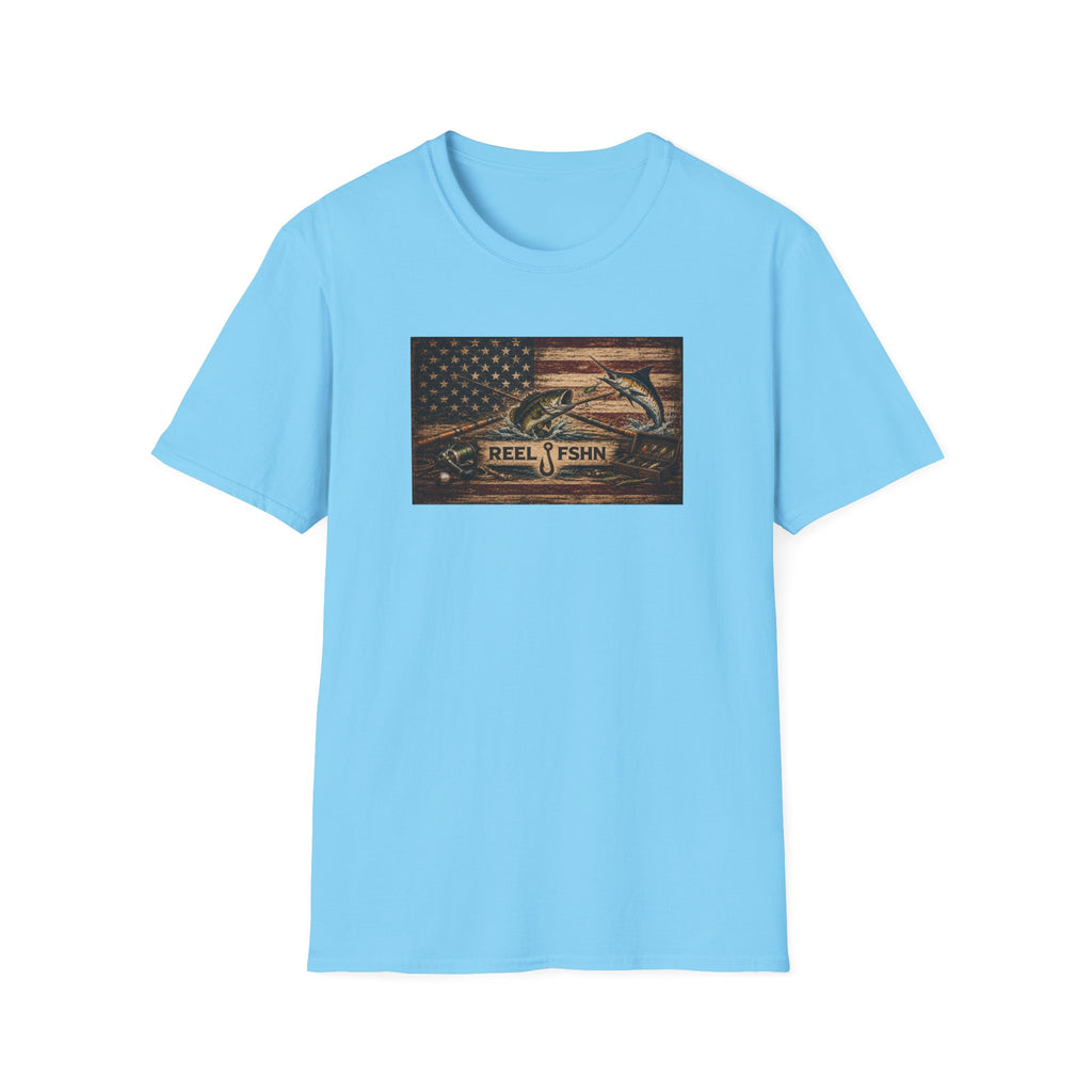 American Flag With Bass and Marlin T-Shirt