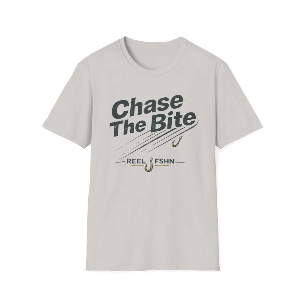 Light gray Comfort Colors unisex t-shirt with "Chase The Bite" and fishing hook graphic.