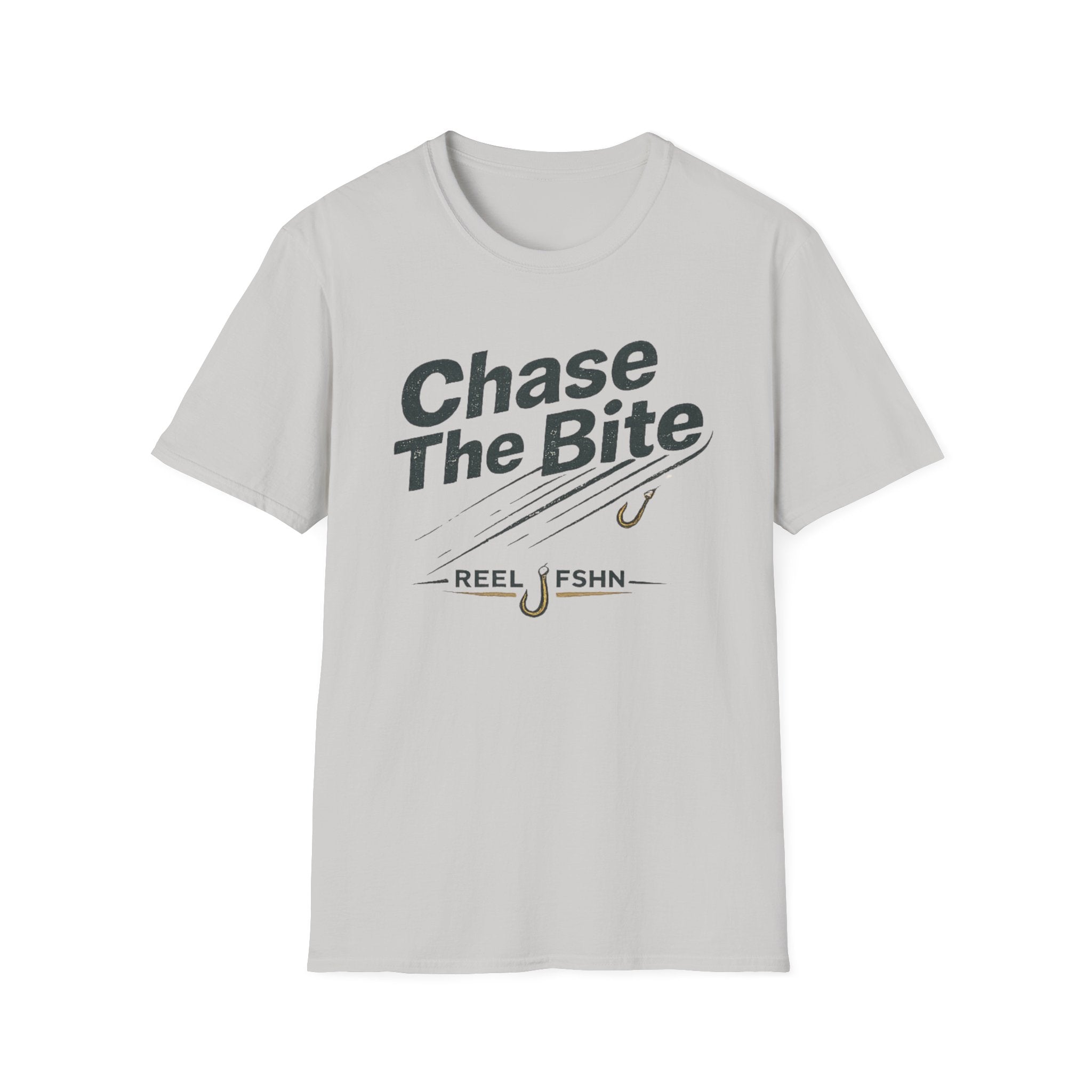 Light gray Comfort Colors unisex t-shirt with "Chase The Bite" and fishing hook graphic.