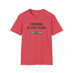 Red Comfort Colors t-shirt with "FISHING IS THE PLAN" text and a "REEL FSHN" logo featuring a fishing hook.