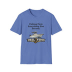 Blue Comfort Colors cotton t-shirt with "Fishing First. Everything Else Second." text and a boat graphic above "REEL FSHN" logo.