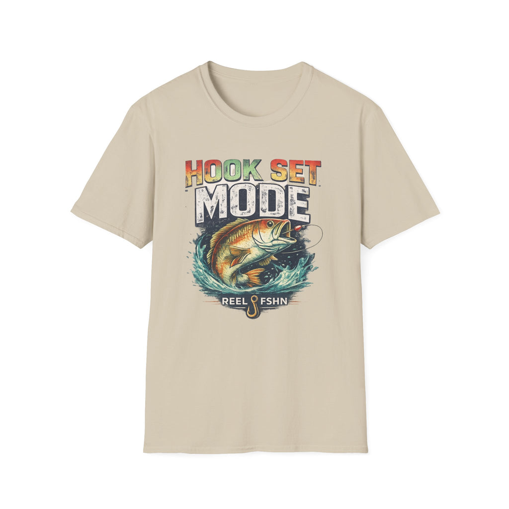 Beige Comfort Colors t-shirt with "HOOK SET MODE" text and a bass jumping from water design.