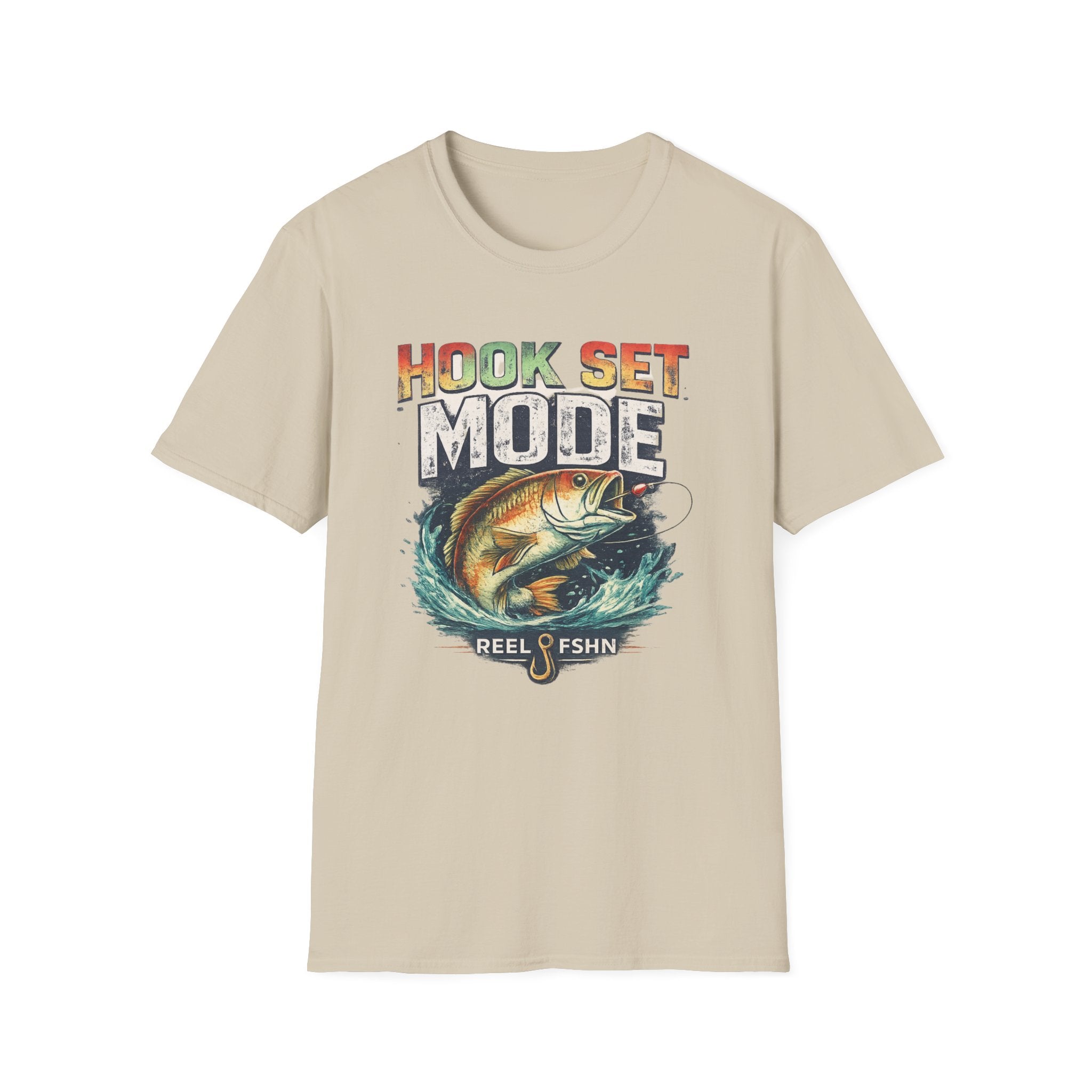Beige Comfort Colors t-shirt with "HOOK SET MODE" text and a bass jumping from water design.
